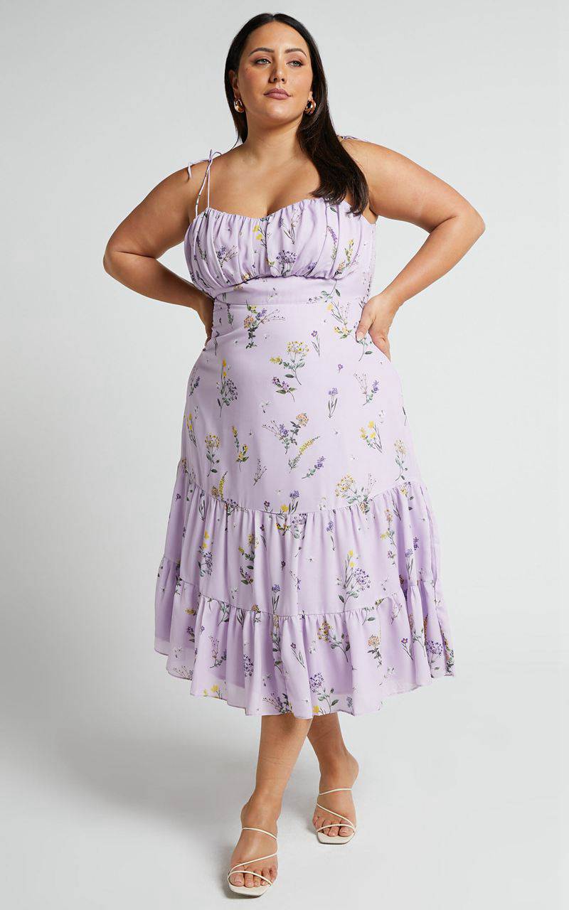 Showpo Monaco Midi Dress - Strappy Sweetheart Tiered Dress Lavender Botanical Floral | FDRPBJ193