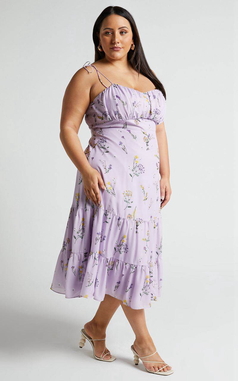 Showpo Monaco Midi Dress - Strappy Sweetheart Tiered Dress Lavender Botanical Floral | FDRPBJ193