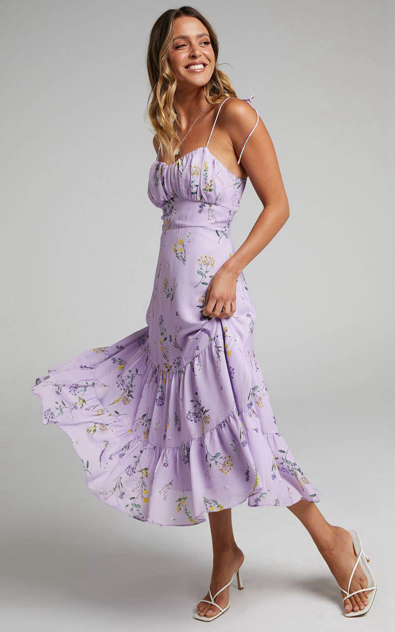 Showpo Monaco Midi Dress - Strappy Sweetheart Tiered Dress Lavender Botanical Floral | FDRPBJ193