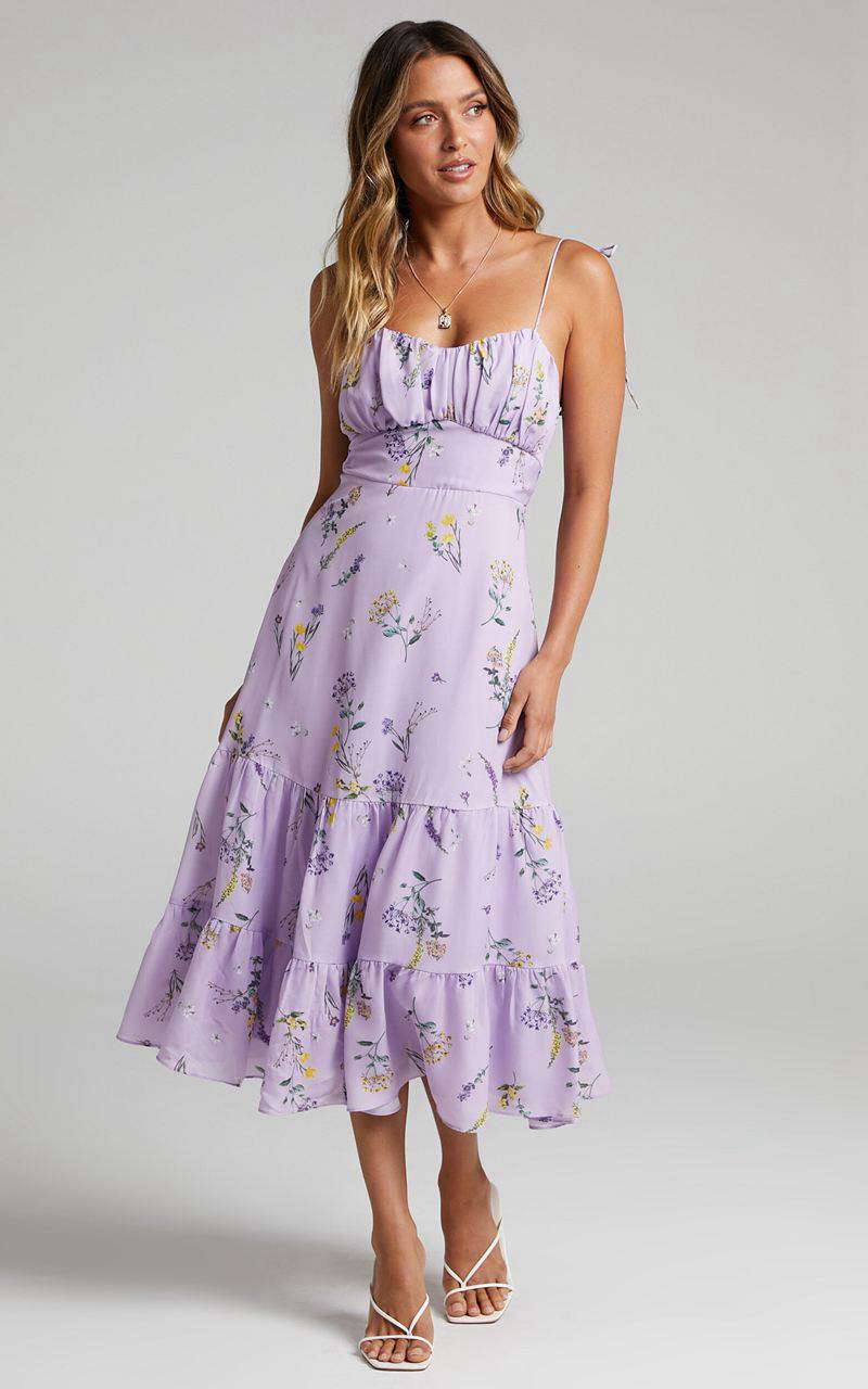 Showpo Monaco Midi Dress - Strappy Sweetheart Tiered Dress Lavender Botanical Floral | FDRPBJ193