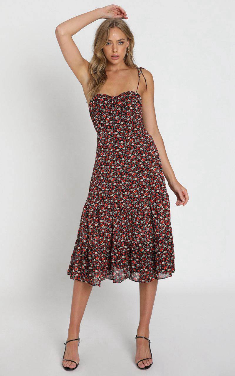 Showpo Monaco Sweetheart Midi Dress Black Floral | LAUVED103