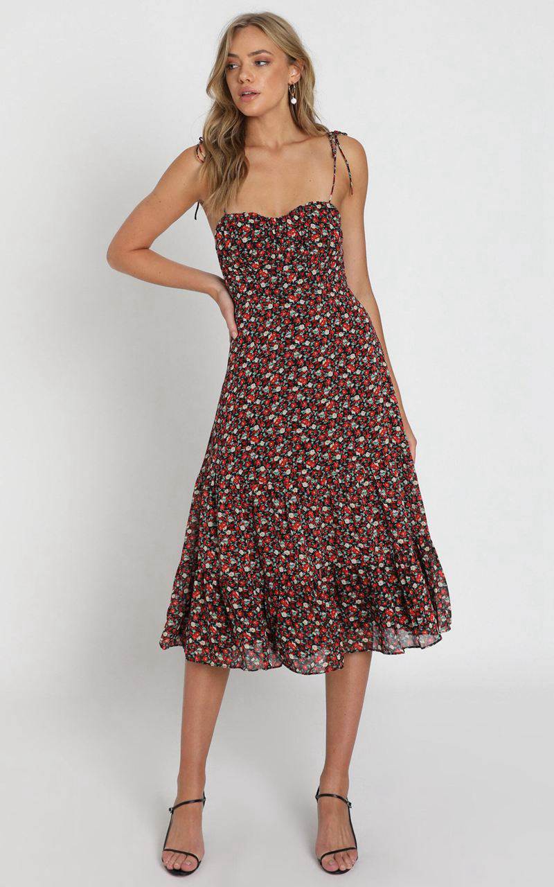 Showpo Monaco Sweetheart Midi Dress Black Floral | LAUVED103