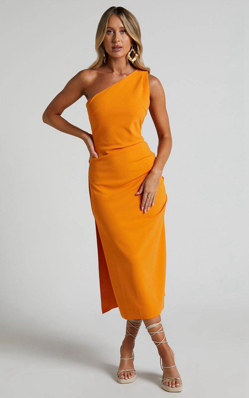 Showpo Monette Midi Dress - One Shoulder Straight Dress Orange | ROLGDP851