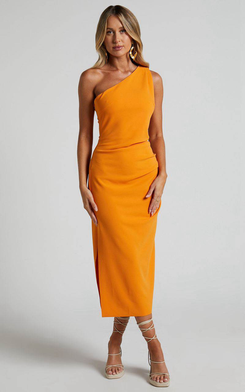 Showpo Monette Midi Dress - One Shoulder Straight Dress Orange | ROLGDP851