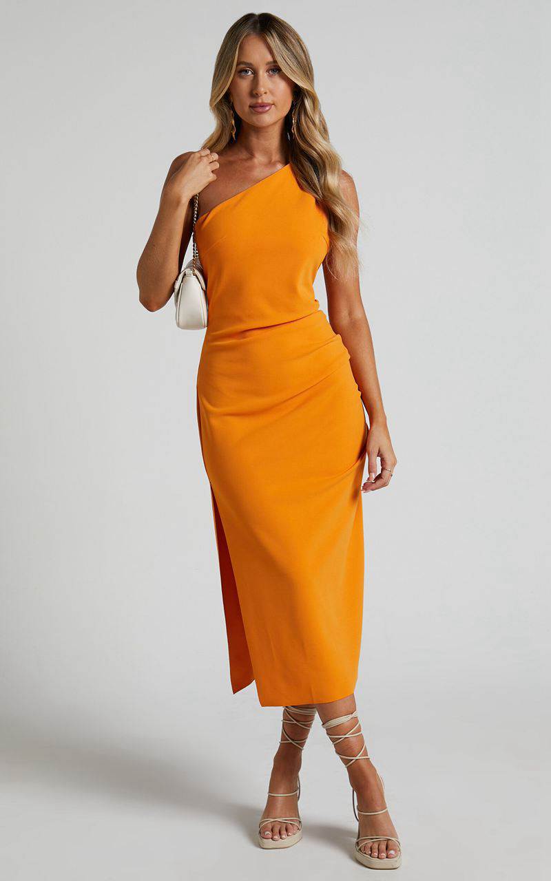 Showpo Monette Midi Dress - One Shoulder Straight Dress Orange | ROLGDP851