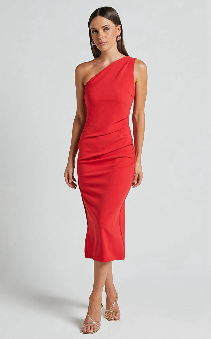 Showpo Monette Midi Dress - One Shoulder Straight Dress Orange Red | EXOZGQ465