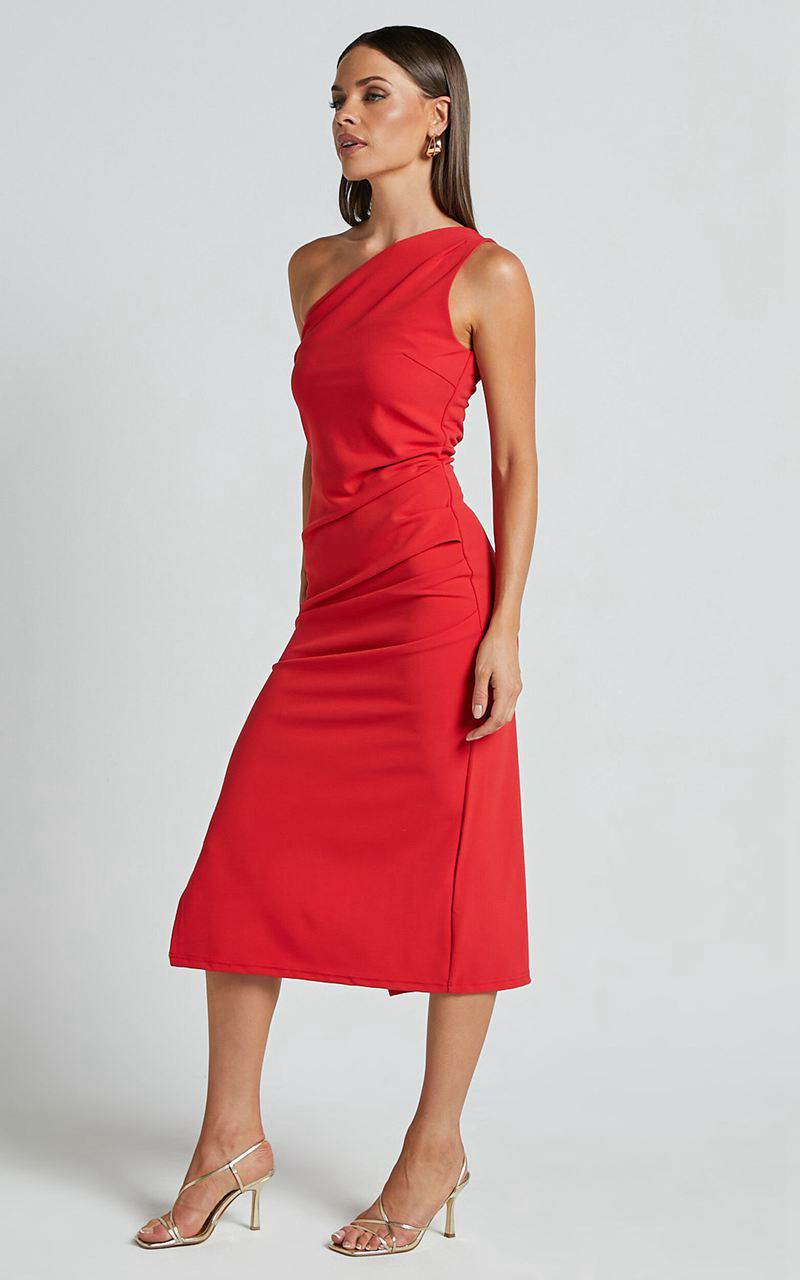 Showpo Monette Midi Dress - One Shoulder Straight Dress Orange Red | EXOZGQ465