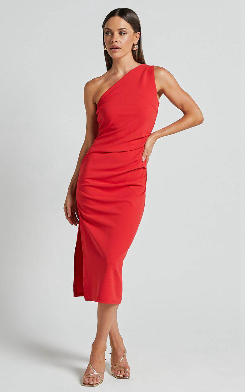 Showpo Monette Midi Dress - One Shoulder Straight Dress Orange Red | EXOZGQ465