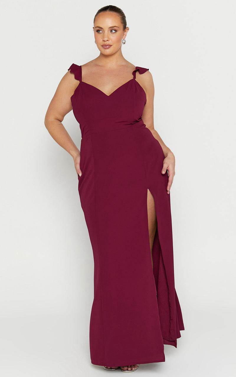 Showpo More Than This Midi Dress - Ruffle Strap Thigh Split Dress Wine | CBRAOF194