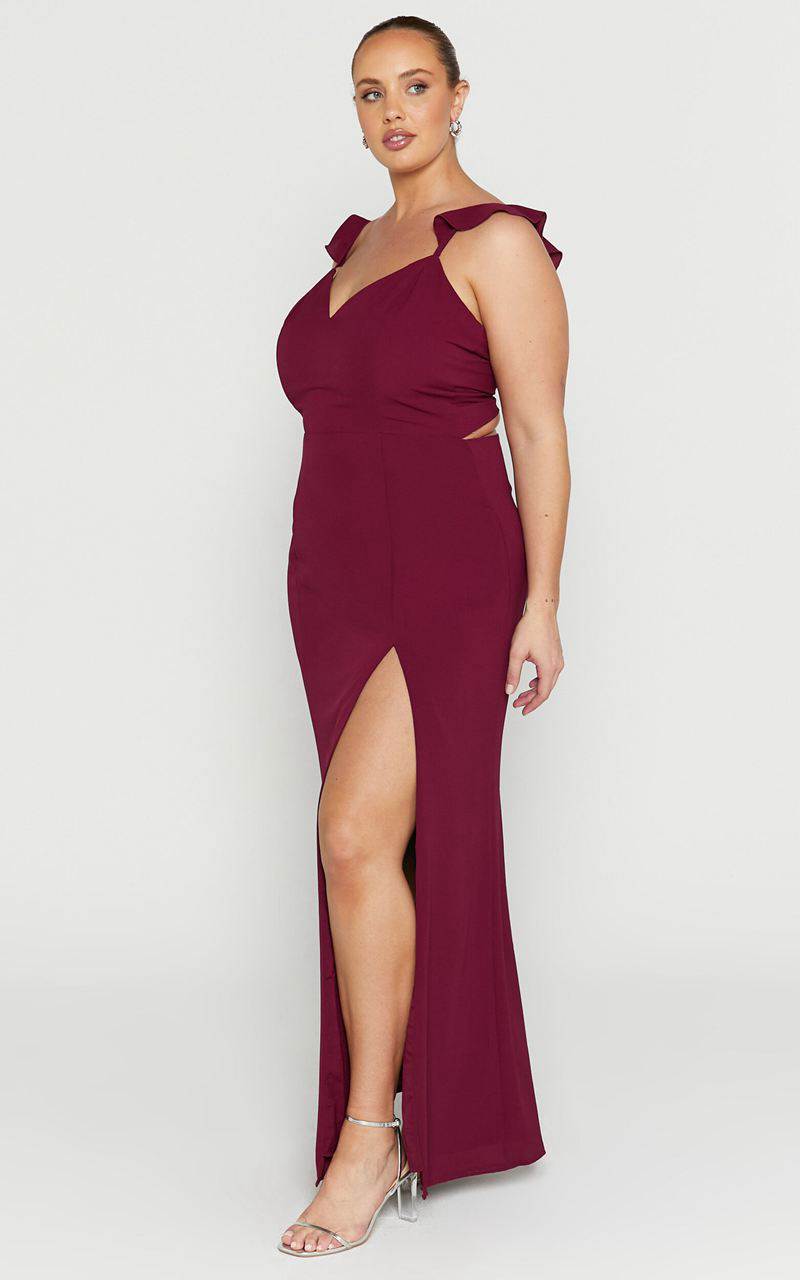 Showpo More Than This Midi Dress - Ruffle Strap Thigh Split Dress Wine | CBRAOF194