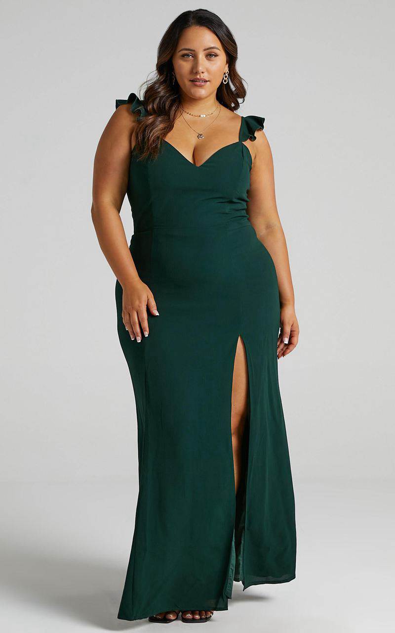 Showpo More Than This Midi Dress - Ruffle Strap Thigh Split Dress Emerald | ELTOGF932