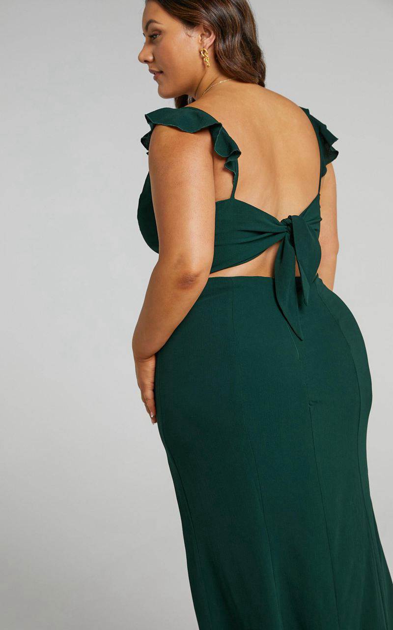 Showpo More Than This Midi Dress - Ruffle Strap Thigh Split Dress Emerald | ELTOGF932