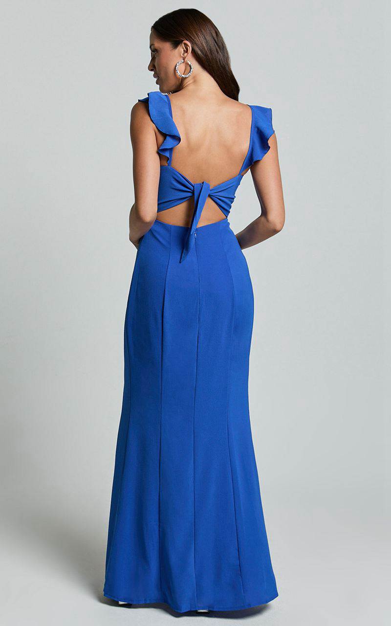 Showpo More Than This Midi Dress - Ruffle Strap Thigh Split Dress Cobalt | SACYXP069