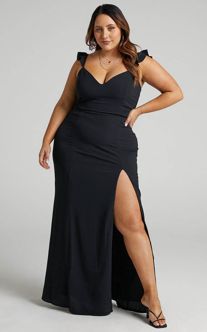 Showpo More Than This Midi Dress - Ruffle Strap Thigh Split Dress Black | WPUJCV139