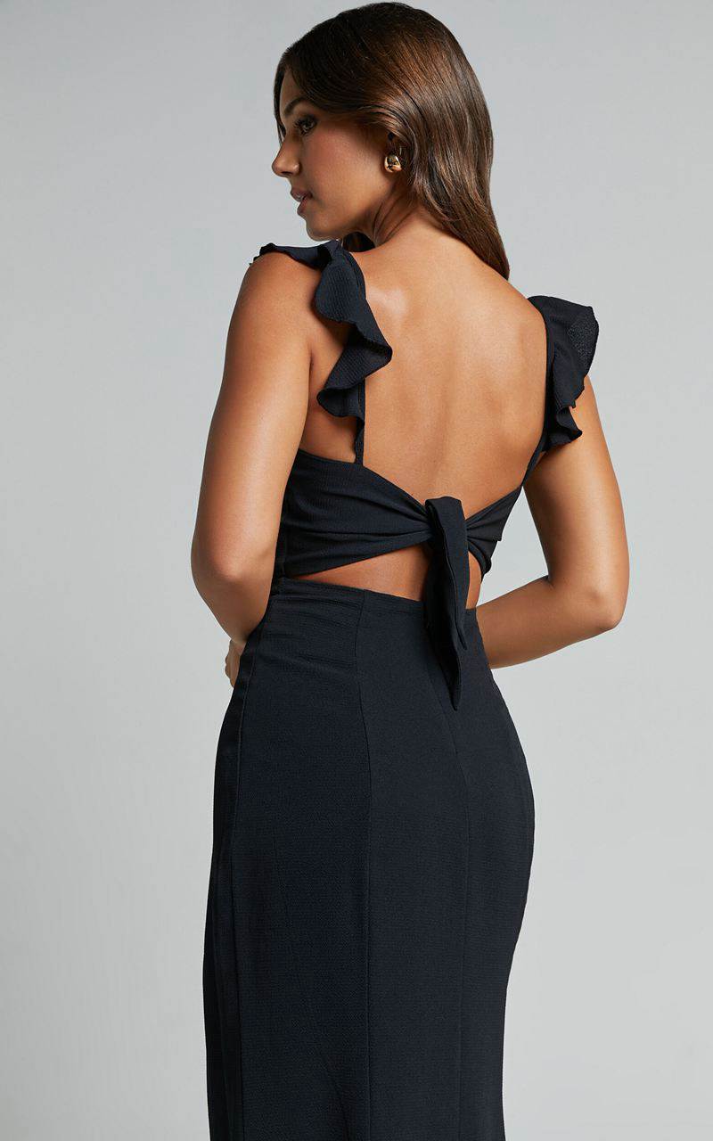 Showpo More Than This Midi Dress - Ruffle Strap Thigh Split Dress Black | WPUJCV139