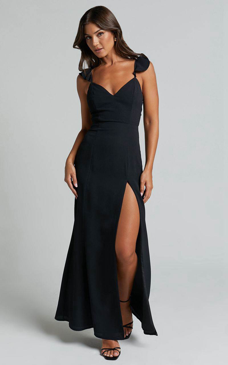 Showpo More Than This Midi Dress - Ruffle Strap Thigh Split Dress Black | WPUJCV139