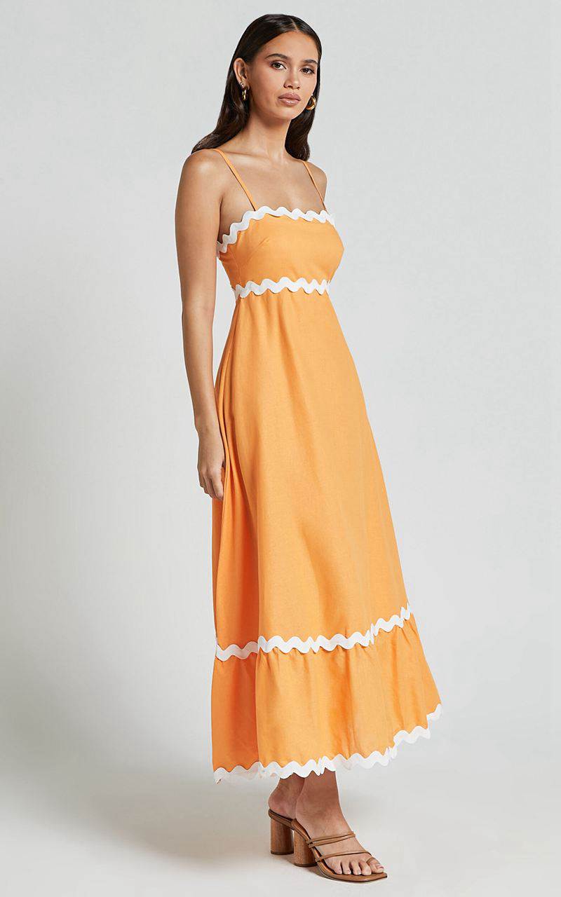 Showpo Moriseth Midi Dress - Linen Look Sleeveless Fit Flare Dress Orange | MQETJH209