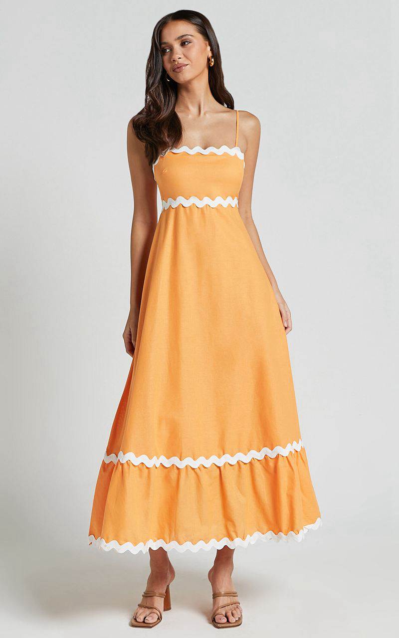 Showpo Moriseth Midi Dress - Linen Look Sleeveless Fit Flare Dress Orange | MQETJH209