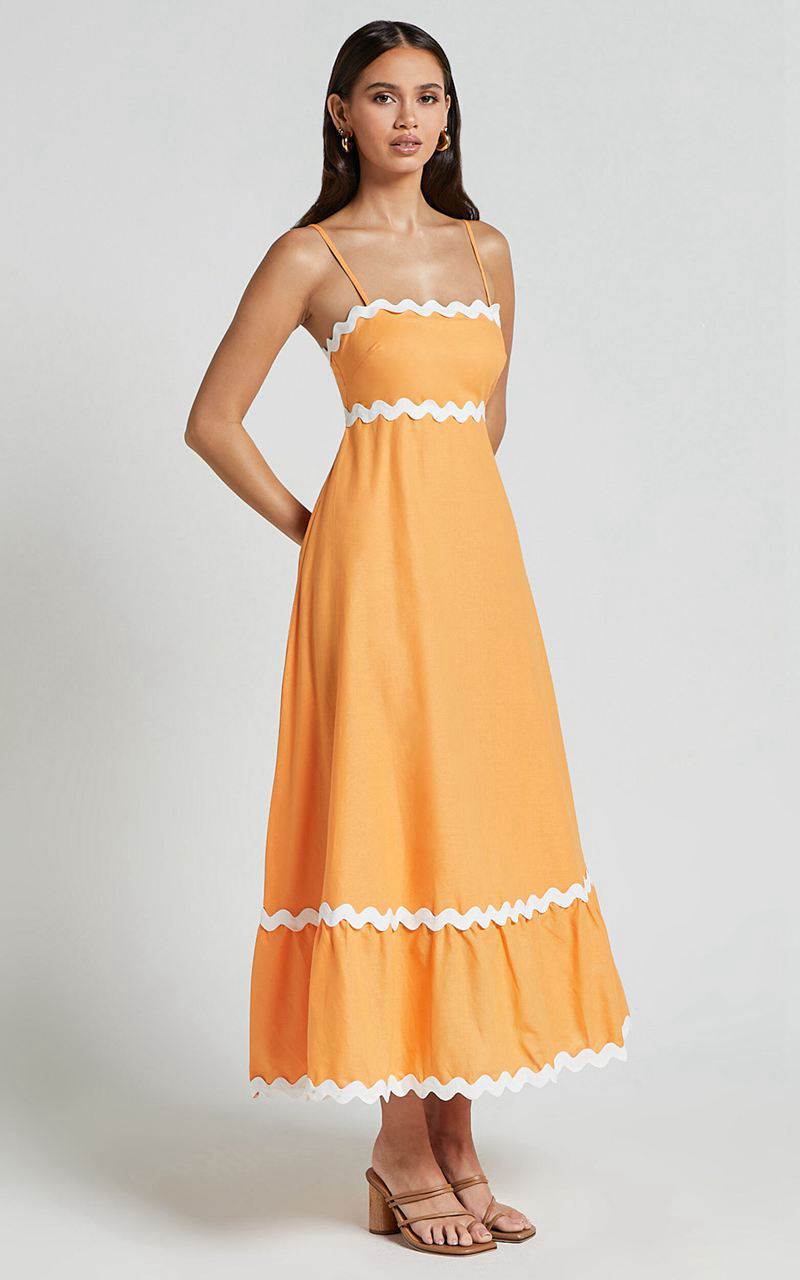 Showpo Moriseth Midi Dress - Linen Look Sleeveless Fit Flare Dress Orange | MQETJH209