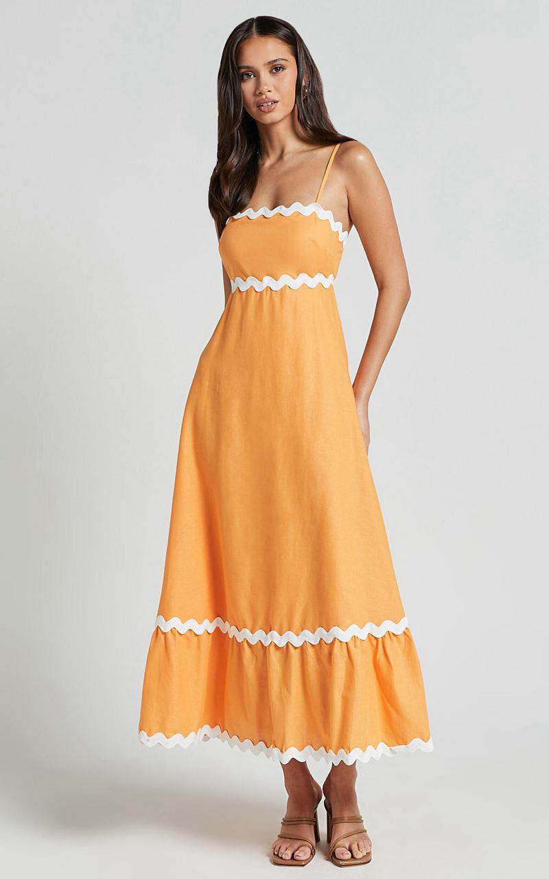 Showpo Moriseth Midi Dress - Linen Look Sleeveless Fit Flare Dress Orange | MQETJH209