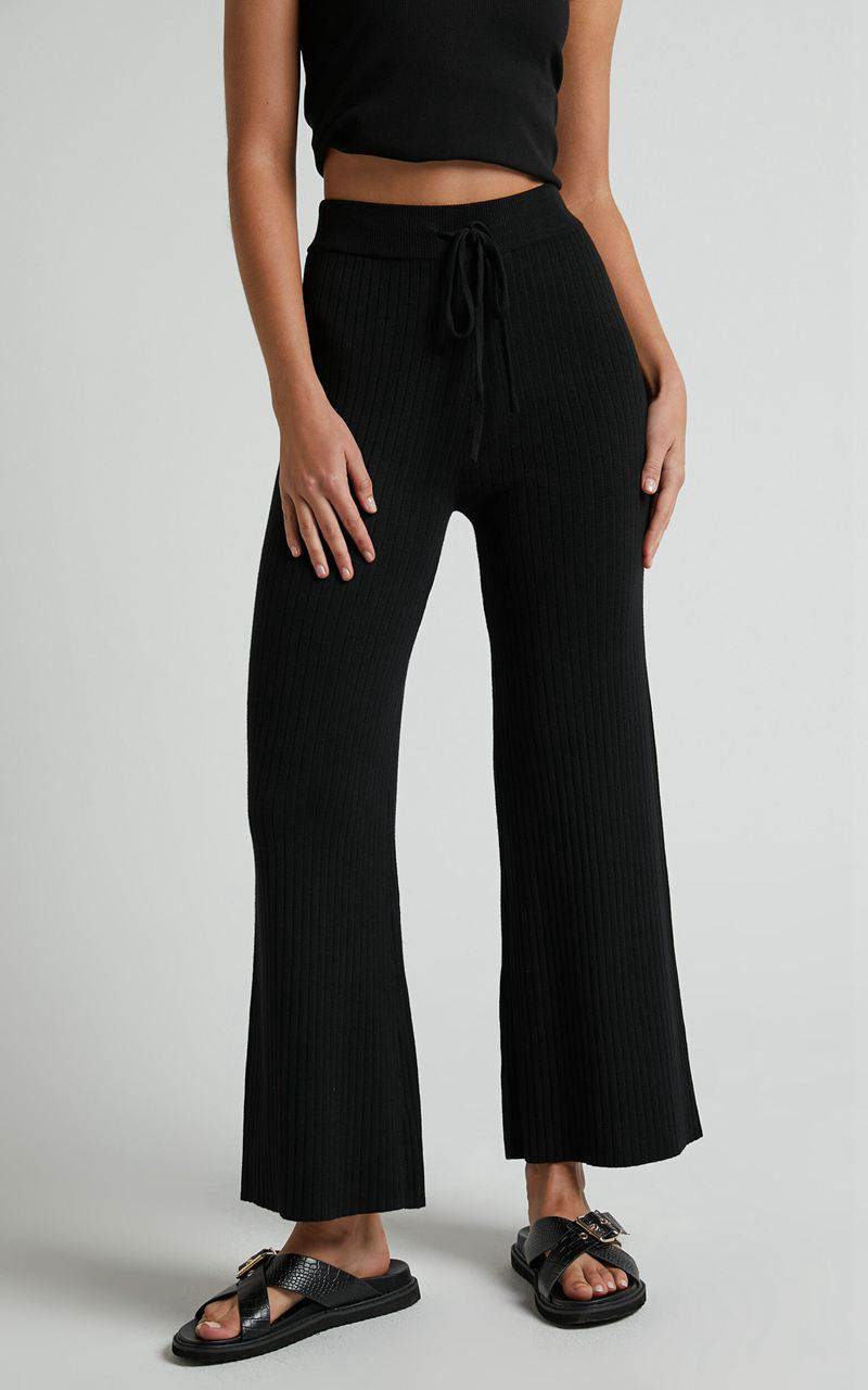 Showpo Motto Pants - High Waisted 7/8 Length Ribbed Knit Pants Black | TXWSUQ329