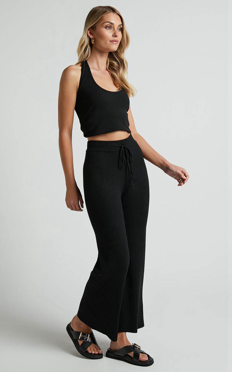 Showpo Motto Pants - High Waisted 7/8 Length Ribbed Knit Pants Black | TXWSUQ329