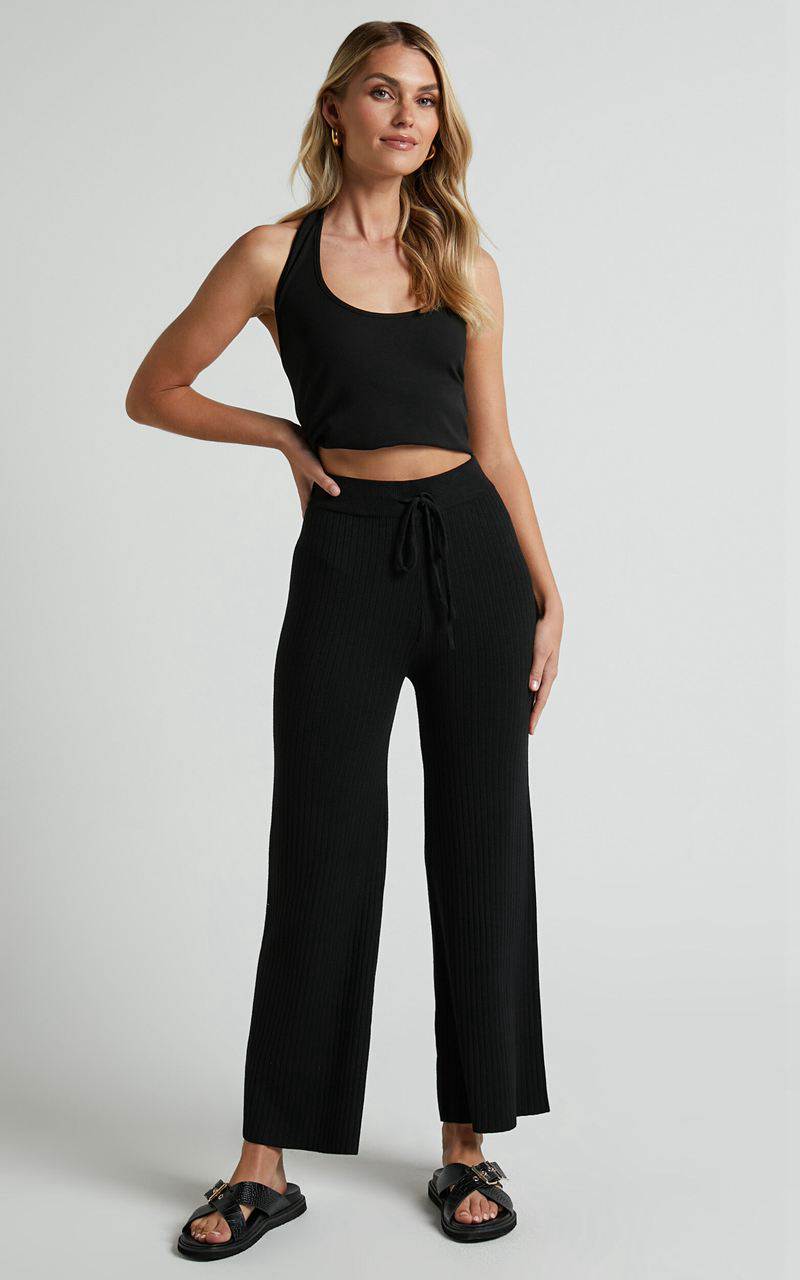 Showpo Motto Pants - High Waisted 7/8 Length Ribbed Knit Pants Black | TXWSUQ329