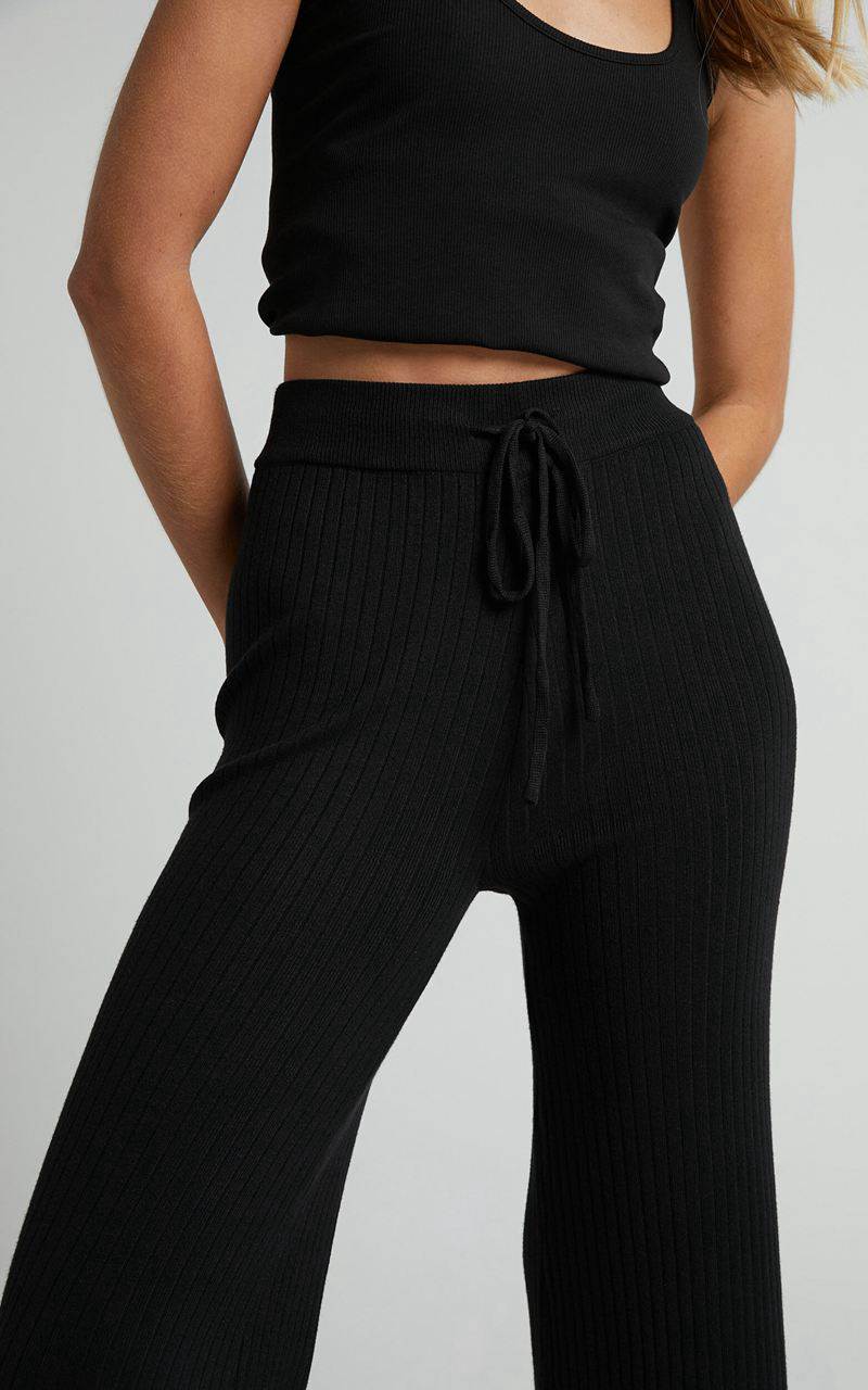 Showpo Motto Pants - High Waisted 7/8 Length Ribbed Knit Pants Black | TXWSUQ329