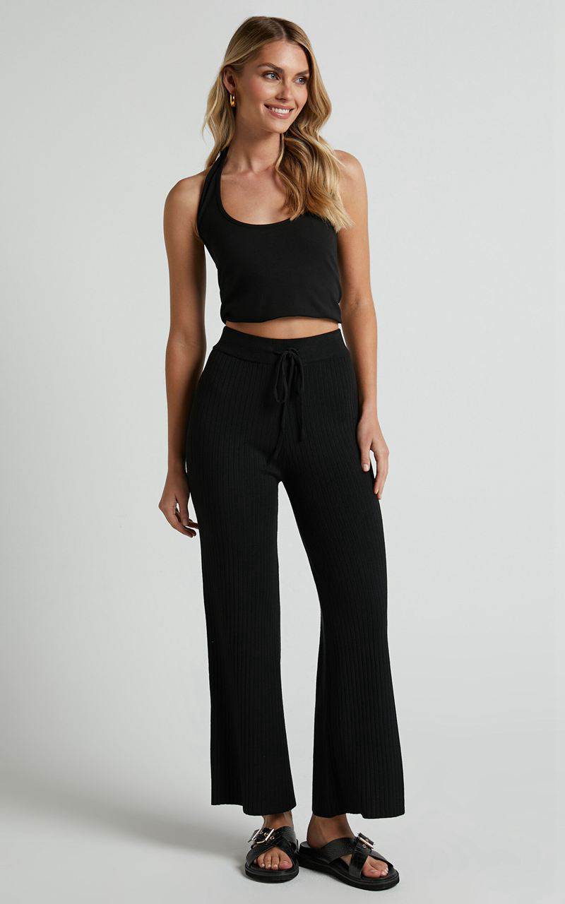 Showpo Motto Pants - High Waisted 7/8 Length Ribbed Knit Pants Black | TXWSUQ329