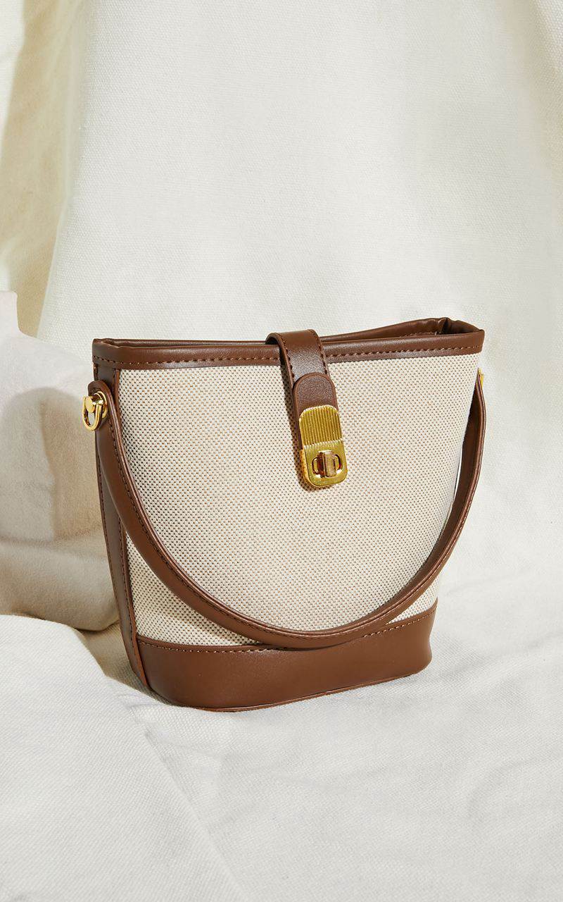 Showpo Mumbai Bag - Canvas & Pu Bucket Mini Tote Bag Tan Natural | UOBKNT942