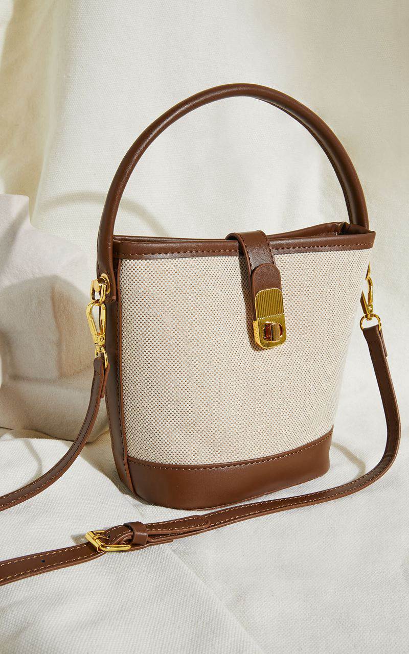 Showpo Mumbai Bag - Canvas & Pu Bucket Mini Tote Bag Tan Natural | UOBKNT942