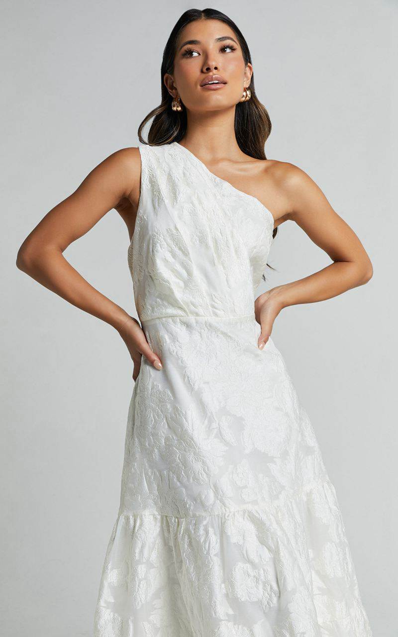 Showpo Nadette Midi Dress - One Shoulder Pleated Tiered Dress White | YDELNV142