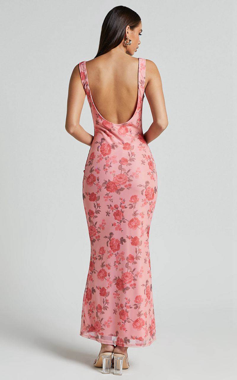 Showpo Nadine Maxi Dress - Cowl Neck Low Back Mesh Slip Dress Pink Floral | EHOJZD294