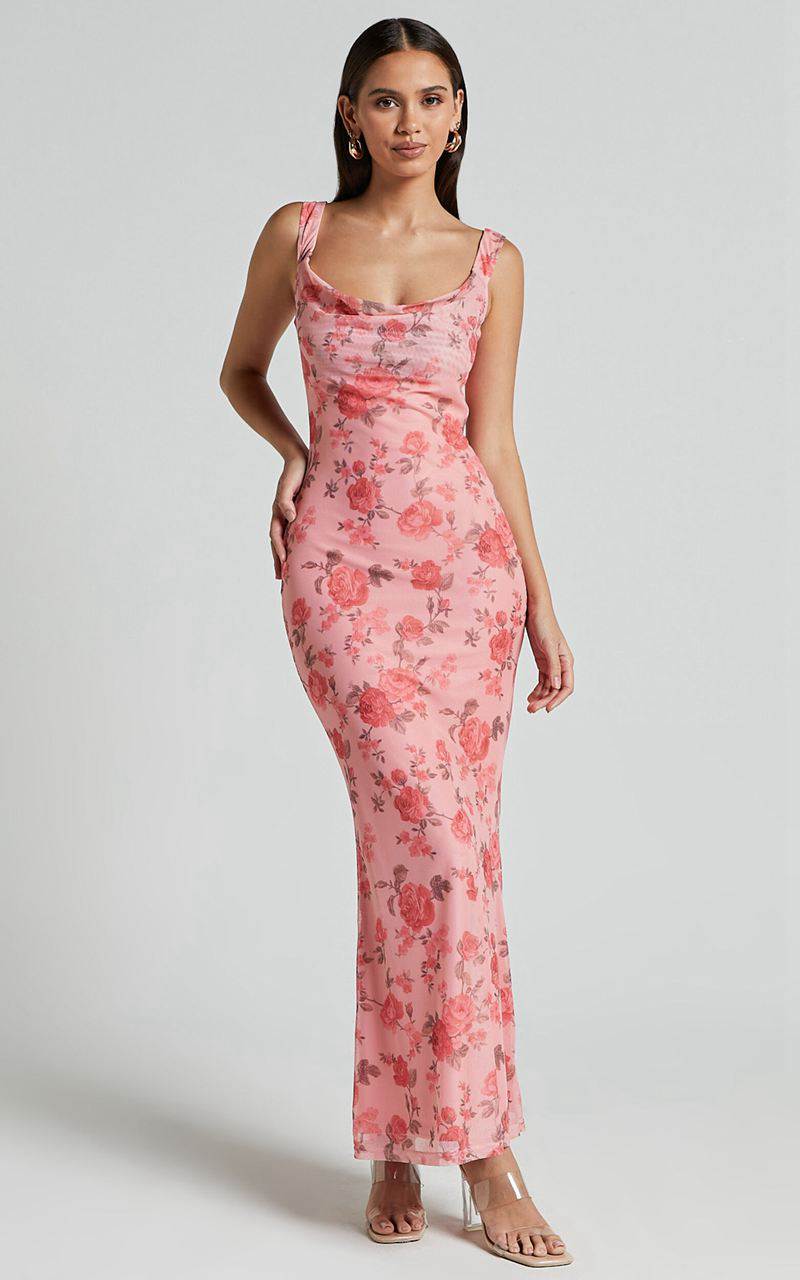 Showpo Nadine Maxi Dress - Cowl Neck Low Back Mesh Slip Dress Pink Floral | EHOJZD294