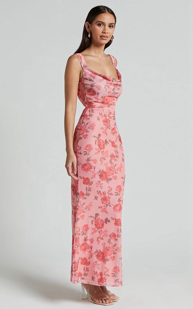 Showpo Nadine Maxi Dress - Cowl Neck Low Back Mesh Slip Dress Pink Floral | EHOJZD294