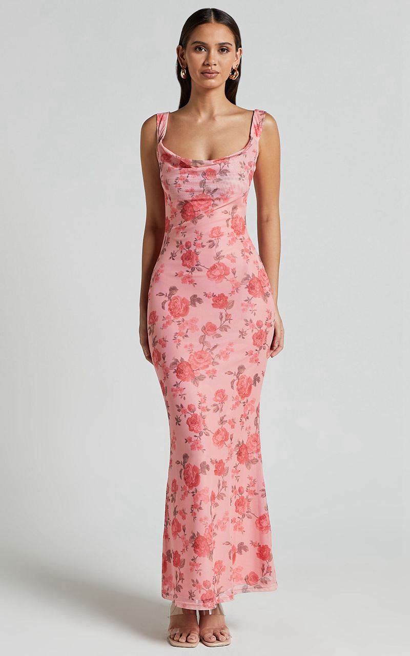 Showpo Nadine Maxi Dress - Cowl Neck Low Back Mesh Slip Dress Pink Floral | EHOJZD294