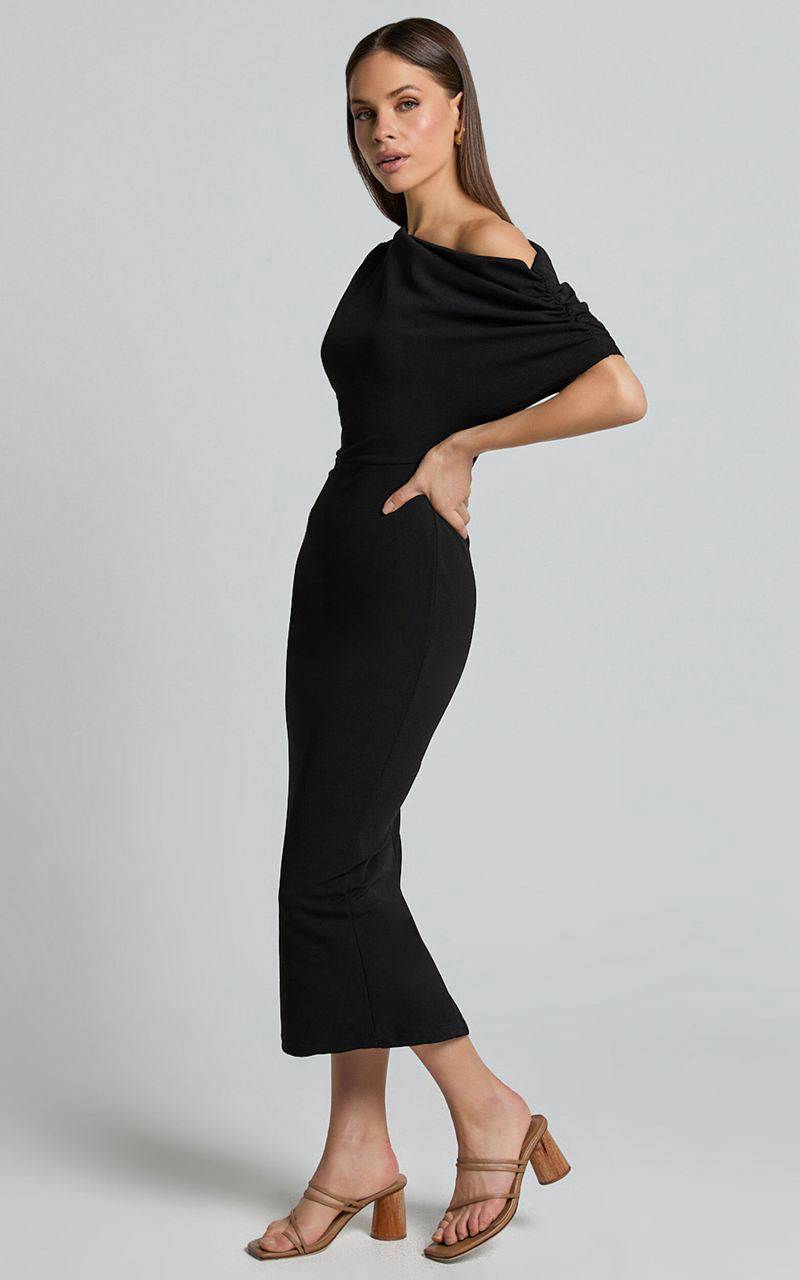 Showpo Nalfie Midi Dress - Tipped Shoulder Jersey Drape Dress Black | NJSHFL362