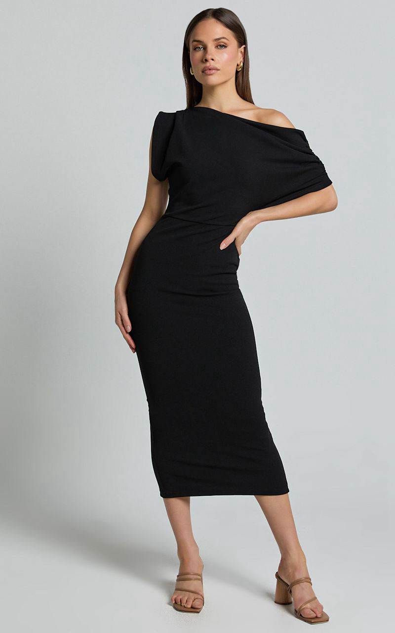 Showpo Nalfie Midi Dress - Tipped Shoulder Jersey Drape Dress Black | NJSHFL362