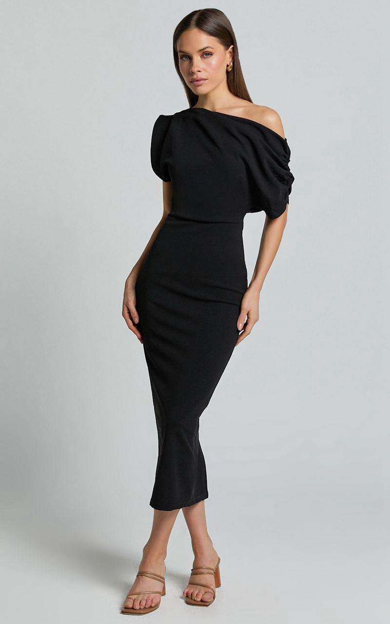 Showpo Nalfie Midi Dress - Tipped Shoulder Jersey Drape Dress Black | NJSHFL362