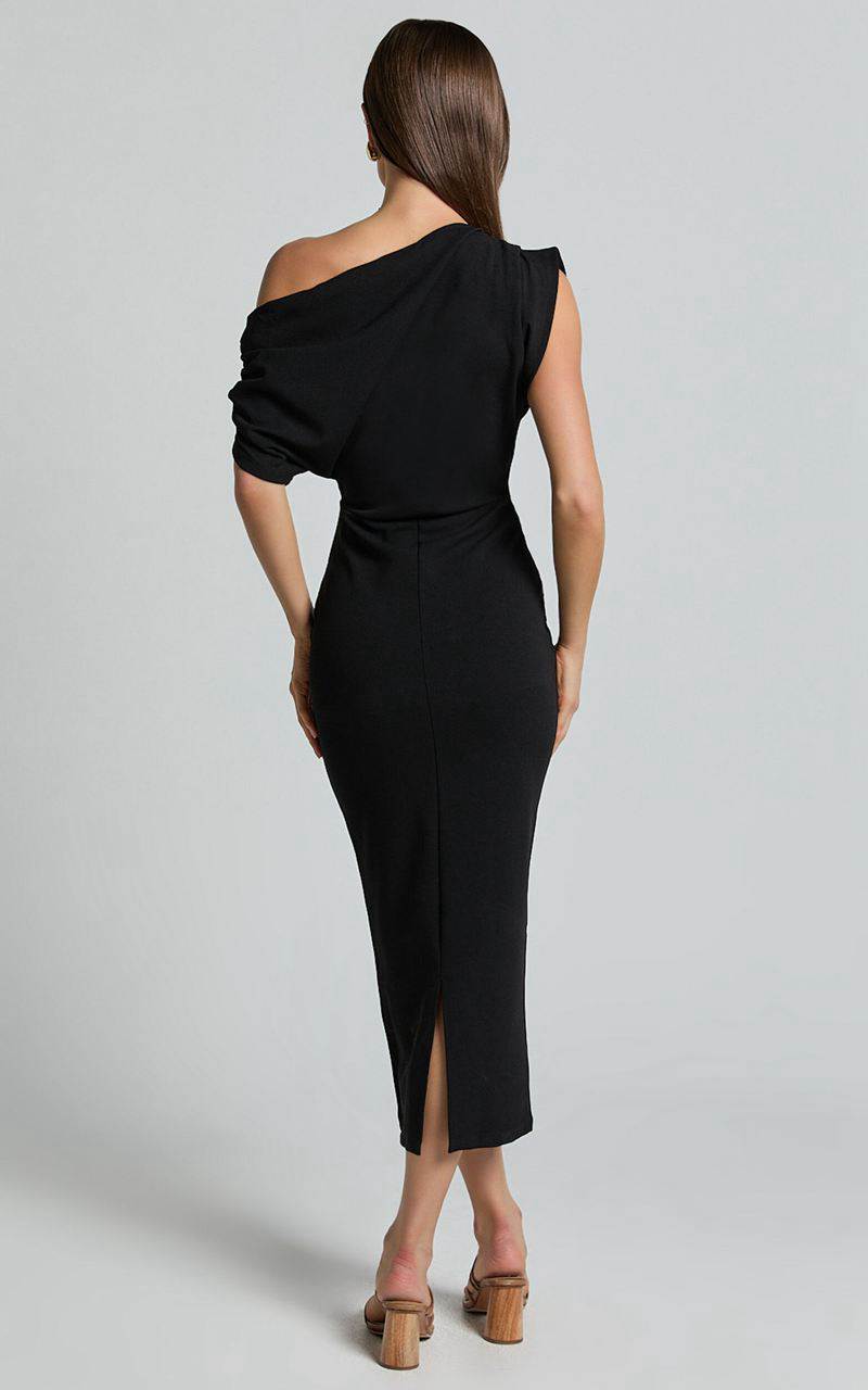 Showpo Nalfie Midi Dress - Tipped Shoulder Jersey Drape Dress Black | NJSHFL362