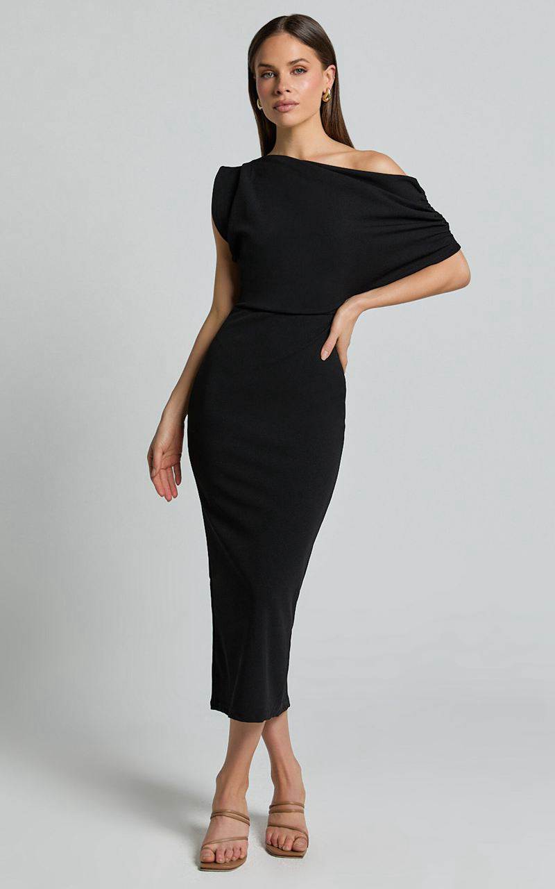 Showpo Nalfie Midi Dress - Tipped Shoulder Jersey Drape Dress Black | NJSHFL362