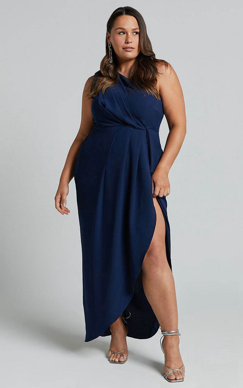 Showpo Namaari Midi Dress - Faux Wrap One Shoulder Dress Navy | XCJYBF931