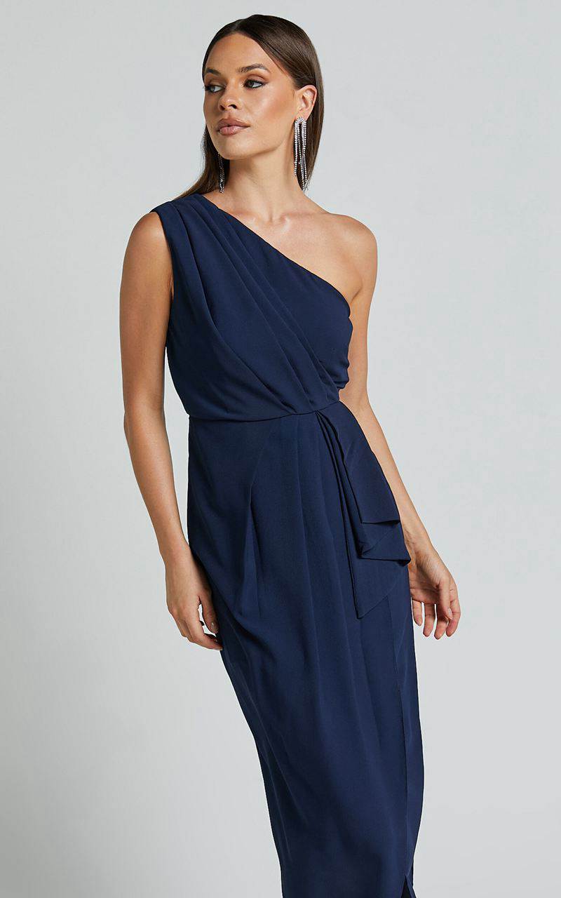 Showpo Namaari Midi Dress - Faux Wrap One Shoulder Dress Navy | XCJYBF931