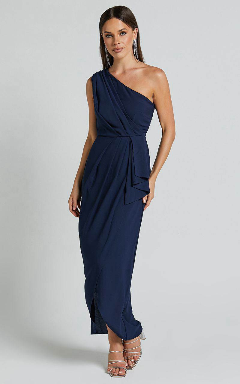 Showpo Namaari Midi Dress - Faux Wrap One Shoulder Dress Navy | XCJYBF931