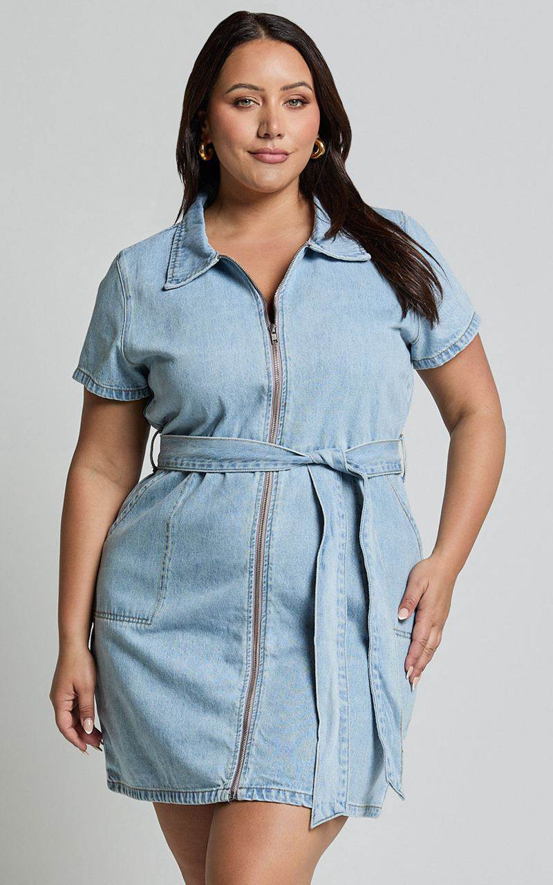 Showpo Nandini Mini Dress - Zip Through Denim Dress Light Blue Wash | WFABIK289