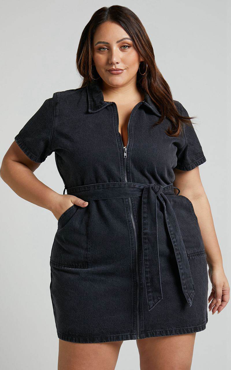 Showpo Nandini Mini Dress - Zip Through Denim Dress Black Wash | JRXEBA360