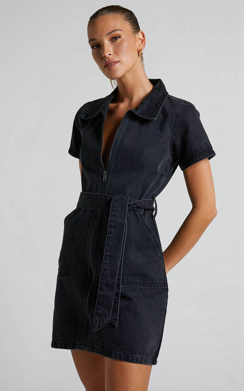 Showpo Nandini Mini Dress - Zip Through Denim Dress Black Wash | JRXEBA360