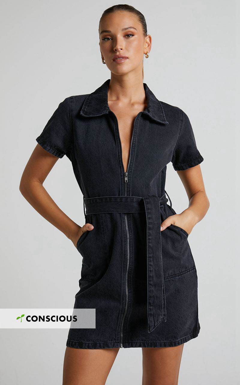 Showpo Nandini Mini Dress - Zip Through Denim Dress Black Wash | JRXEBA360