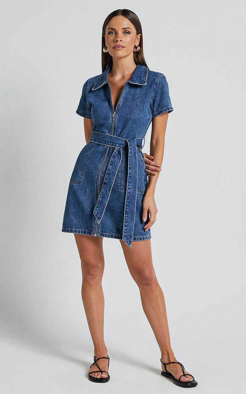 Showpo Nandini Mini Dress - Zip Through Denim Dress Blue | WCXKNA940