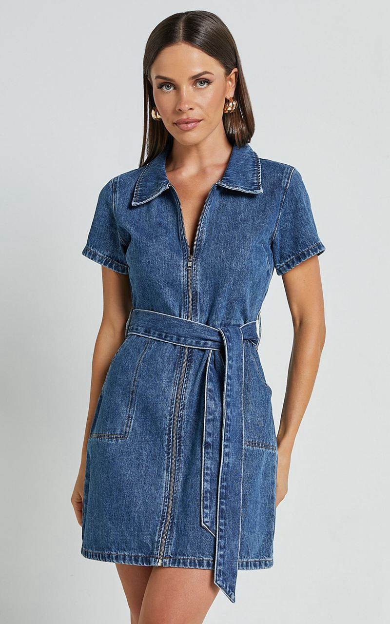 Showpo Nandini Mini Dress - Zip Through Denim Dress Blue | WCXKNA940